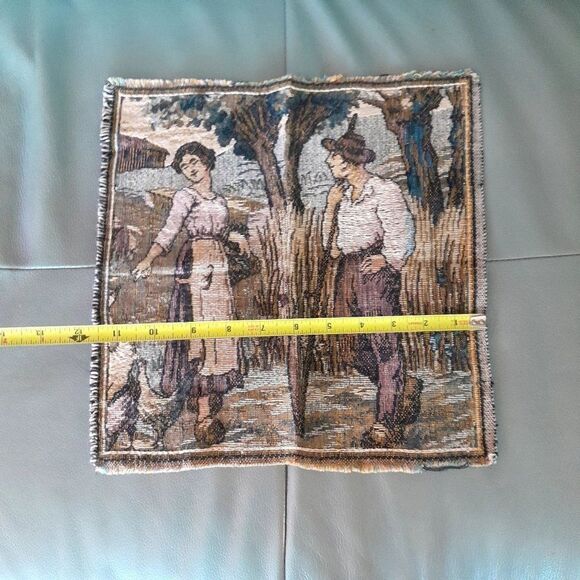 VTG French Needlepoint Tapestry Pillow Fabric Courting Couple Farm Country 12x12 - Picture 6 of 7